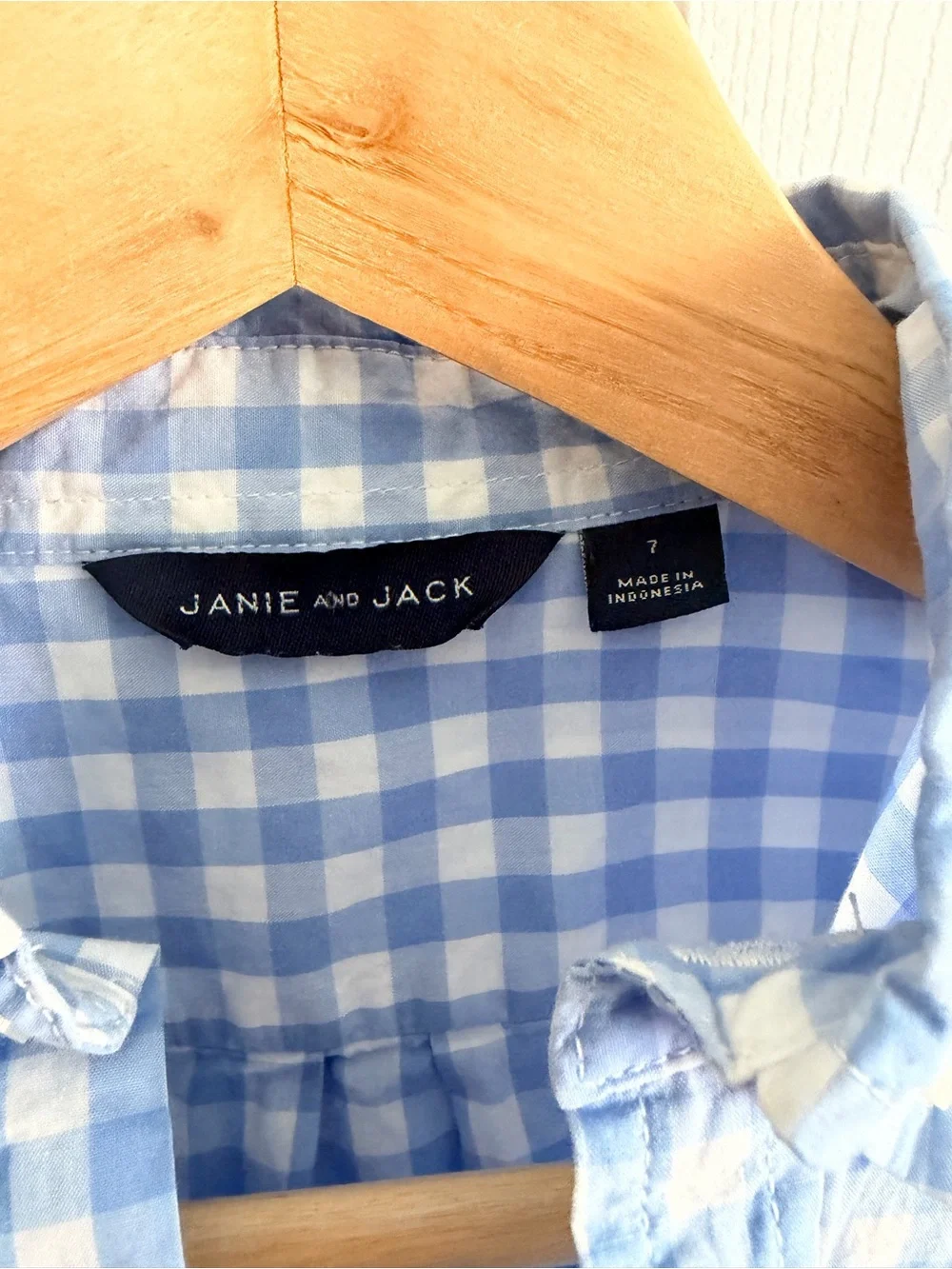 Janie and Jack Button Down Shirt Boys 7 Blue White Gingham Check Cotton